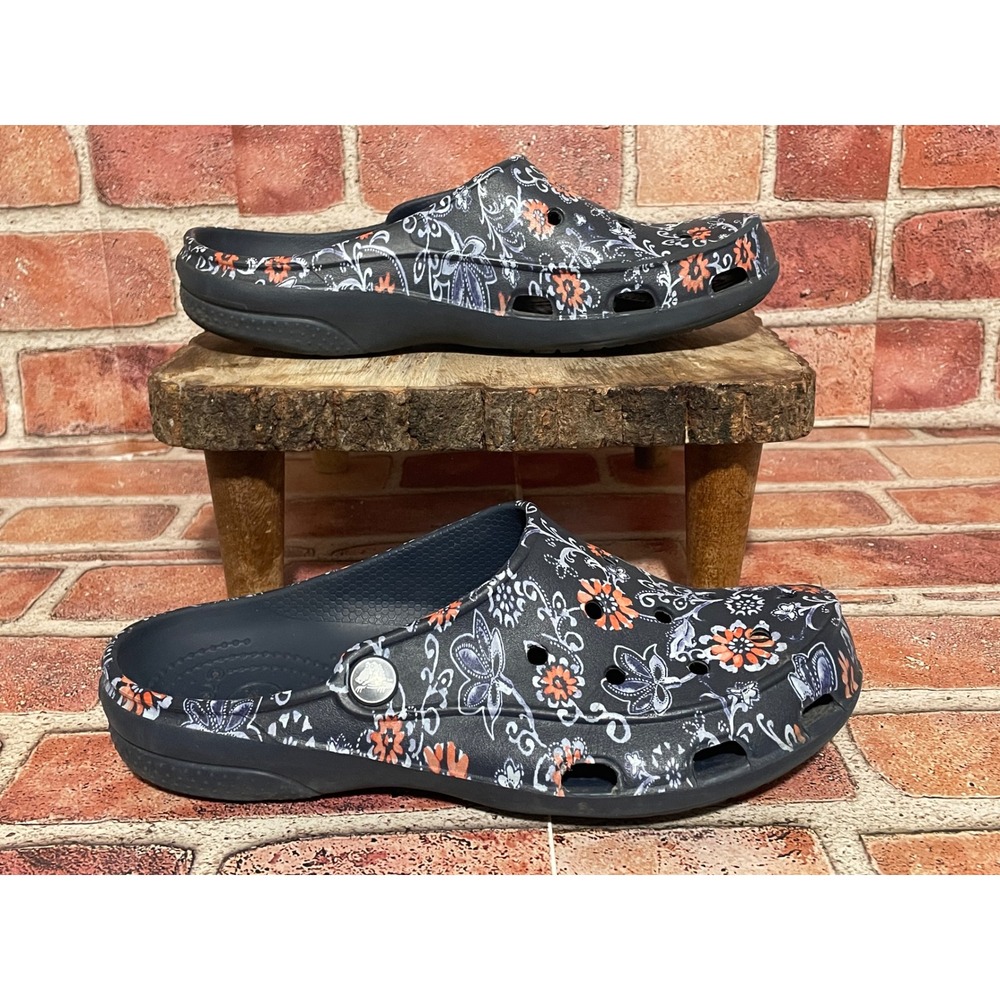 Crocs Freesail Clogs Womens 8 Navy Blue Orange Floral Paisley Slip On Shoes